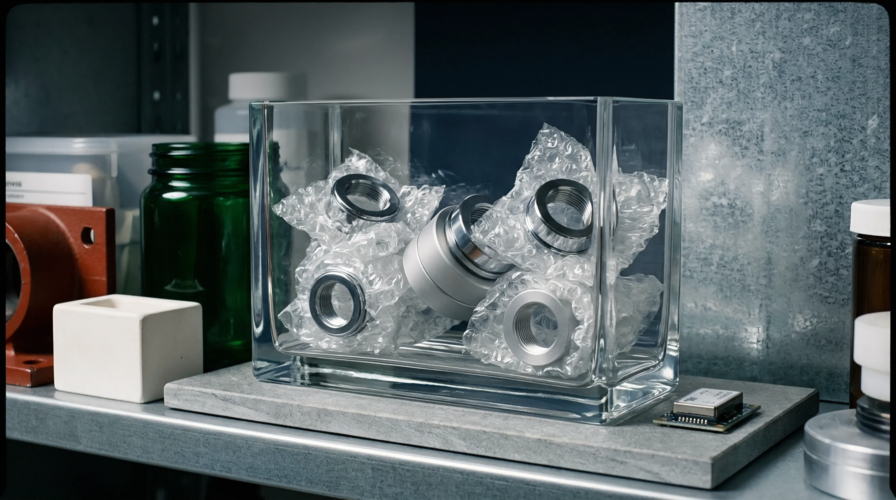 Precision metal sensor housings and threaded components rest wrapped in protective bubble wrap inside a clear glass container on a workshop shelf.