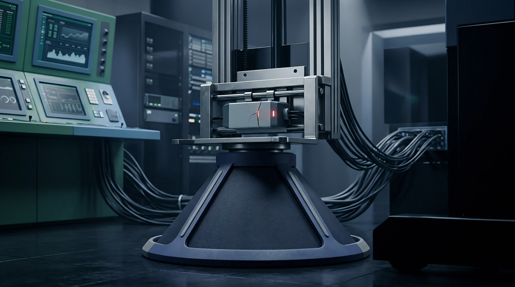 An industrial laboratory render presents a cracked sensor component clamped firmly onto a heavy electrodynamic vibration shaker table surrounded by cabling.