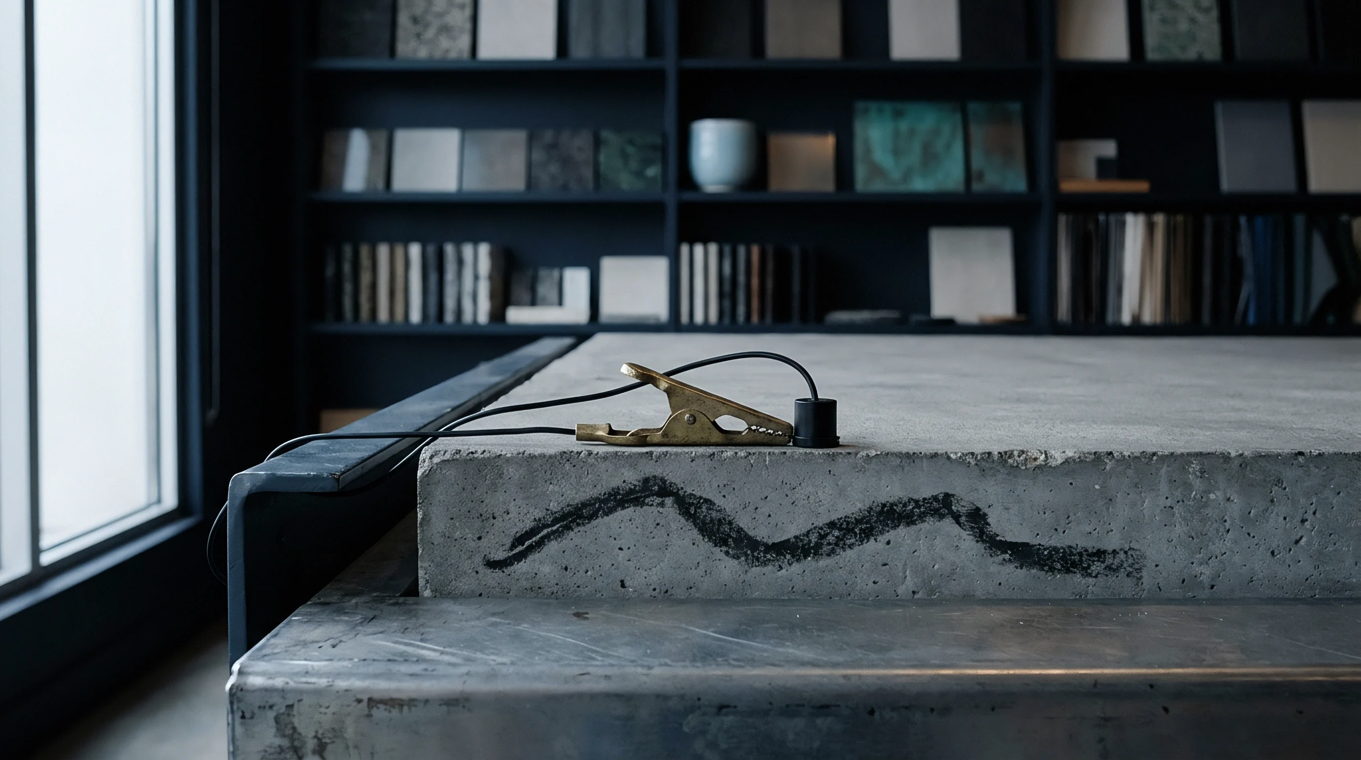 A brass electrical clamp secures a wire to a black sensing component resting on a textured concrete slab within a laboratory.