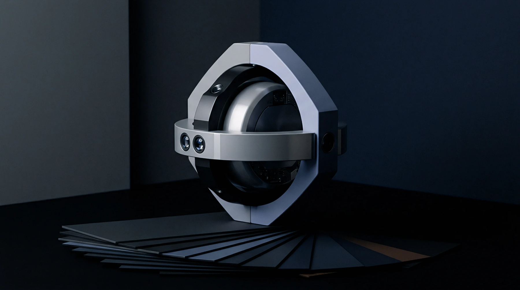 A spherical vision sensor module with integrated optical apertures rests on a series of industrial material finish swatches for calibration and surface analysis.