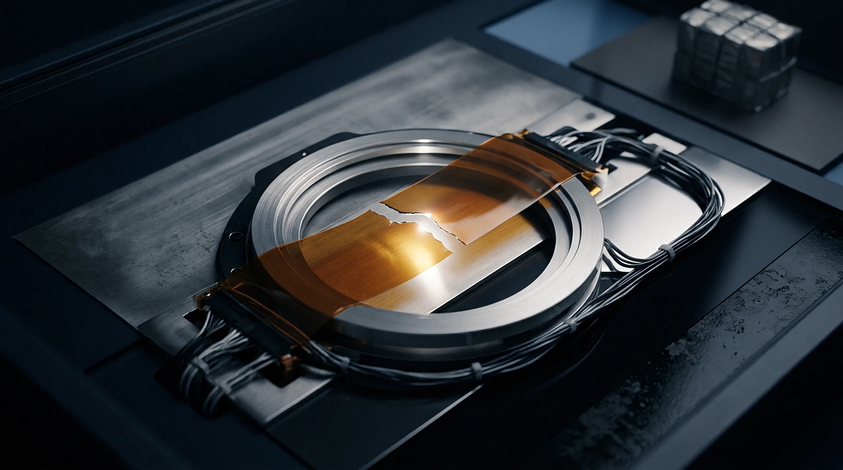 Bundled wiring connects to a metallic annular ring supporting a fractured amber polyimide film inside a darkened industrial testing enclosure in this render.