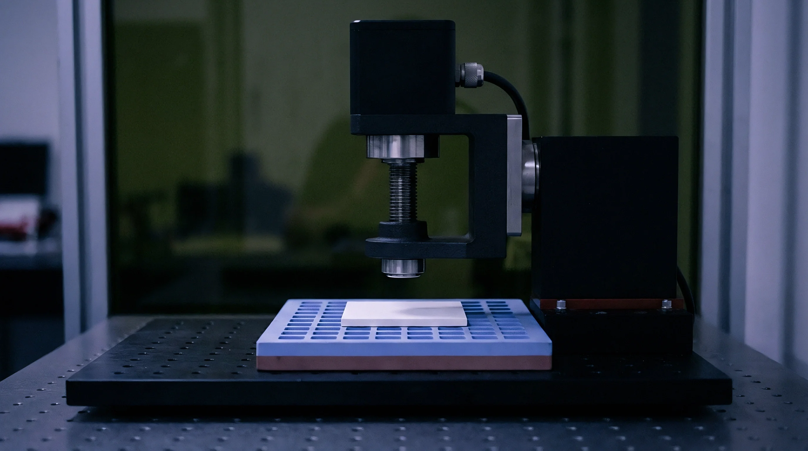 A precision vertical metrology instrument suspends a contact probe over a ceramic workpiece mounted on a blue grid fixture secured to a perforated optical tabletop.