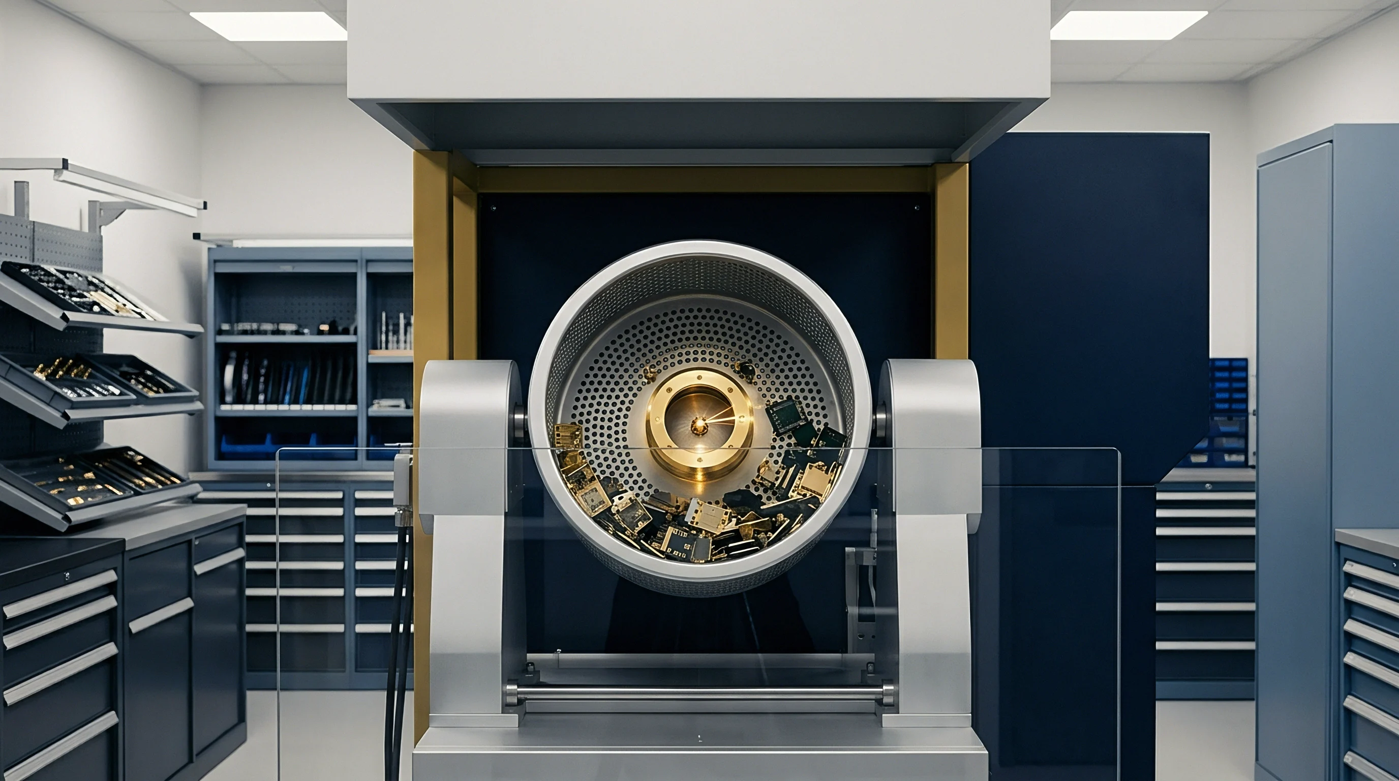 An industrial rotary finishing machine processes metallic sensor components within a specialized laboratory environment equipped with storage cabinets and work stations.